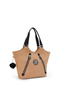 Borsa tote nera con cerniere e dettagli neri, patch rotondo con logo e doppi manici neri. Presenta un divertente portachiavi pom-pom nero.
