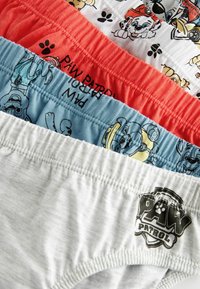 Quattro paia di mutandine per bambini in rosso, bianco, blu e grigio, con personaggi di "Paw Patrol" e design di impronte di zampe su morbido cotone.