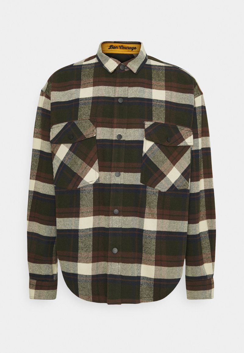 Koszula flanelowa w kratę w odcieniach zieleni, kremu i burgundowego. Posiada zapięcie na guziki z przodu, dwie kieszenie na piersi oraz zaokrąglony dół. Miękka tekstura.