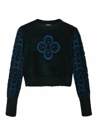 Svart kortärmad tröja med mjuk textur, med blå cirkulära mönster på ärmarna och en central blå blommönster på framsidan.