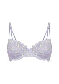 Sostén de lavanda claro con bordados florales en verde neón. Presenta aros, tirantes ajustables y bordes con forma de concha en las copas.