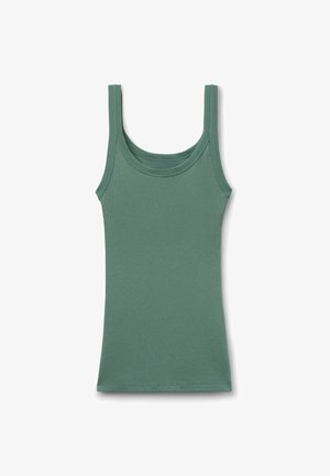 Grünes geripptes Tanktop mit enganliegendem Design, breiten Schulterträgern und rundem Ausschnitt, aus einem weichen, dehnbaren Stoff gefertigt.
