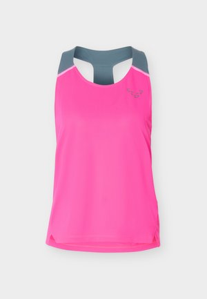 Débardeur de sport sans manches rose vif avec bretelles dos nageur gris foncé et petit logo côté gauche de la poitrine.