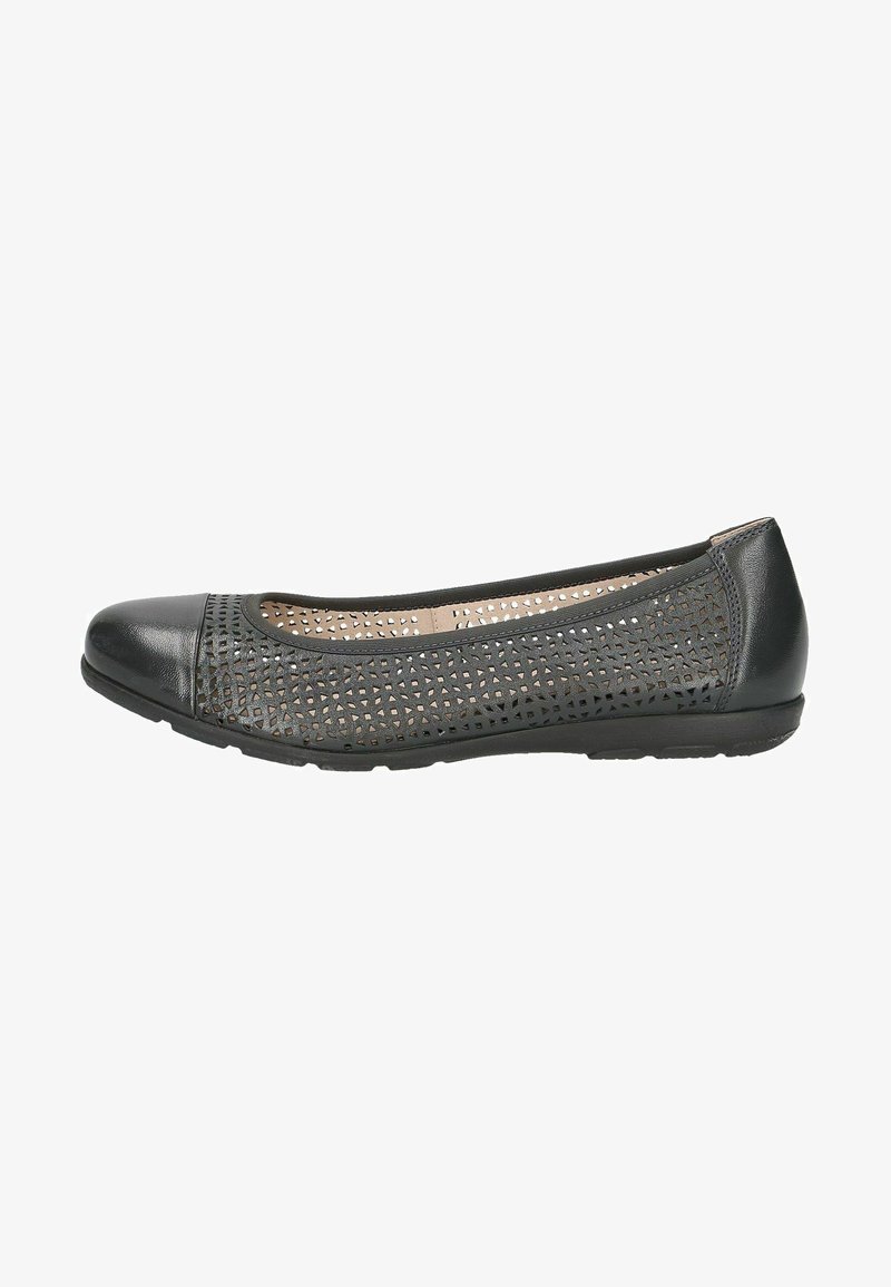 Schwarze Lederflachschuhe mit gestanztem Design, runder Zehenpartie und kontrastierendem glattem Zehenkappen. Flexible Sohle für Komfort.