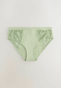 Lichtgroene katoenen onderbroek met kantaccenten aan de zijkanten. Soepele textuur, lage taille en een bloemenkantpatroon aanwezig.
