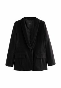 Sort fløjl blazer med klapkrave, enkelt knaplukning og to forreste påsatte lommer. Glat tekstur og klassisk skræddersyet pasform.