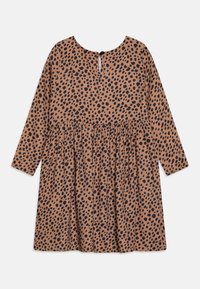 Braunes Kleid mit schwarzem Leopardenmuster, langem Ärmel, runder Ausschnitt und gerafftem Rock mit Knopfverschluss auf der Rückseite.