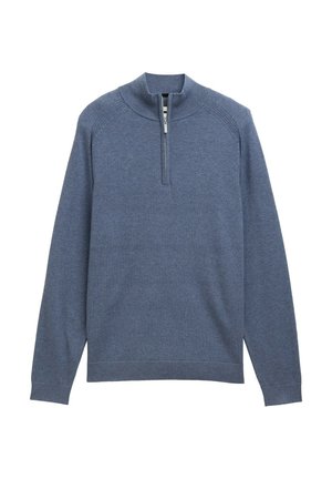 Blaues Langarmpullover mit einem Viertel-Reißverschluss-Kragen und gerippten Bündchen, ausgestattet mit einem kleinen gestickten Logo auf der linken Brust.