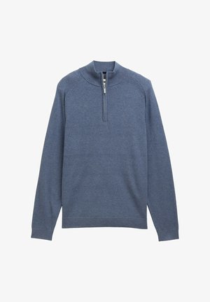 Modrý svetr s dlouhým rukávem a límcem na čtvrtinový zip, s vroubkovanými manžetami, na levé hrudi s malým vyšívaným logem.