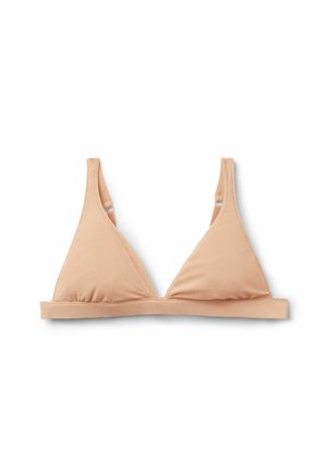 Hellbeige dreieckige Bralette mit verstellbaren Schulterträgern und elastischem Unterbrustband auf weißem Hintergrund.