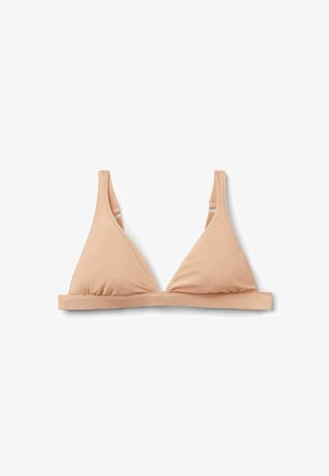 Hellbeige dreieckige Bralette mit verstellbaren Schulterträgern und elastischem Unterbrustband auf weißem Hintergrund.