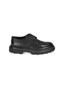 Chaussure en cuir noir avec une surface texturée, design à lacets et semelle en caoutchouc prononcée. Présente des perforations décoratives le long de l'orteil.