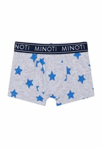 Sive bokserice s uzorkom plavih zvjezdica, tamnoplavi elastični pojas s "MINOTI" brandingom i mekom, fleksibilnom teksturom.