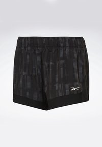 Short de sport noir avec des motifs discrets de rayures verticales gris foncé, taille élastique et petit logo blanc Reebok en bas à droite.