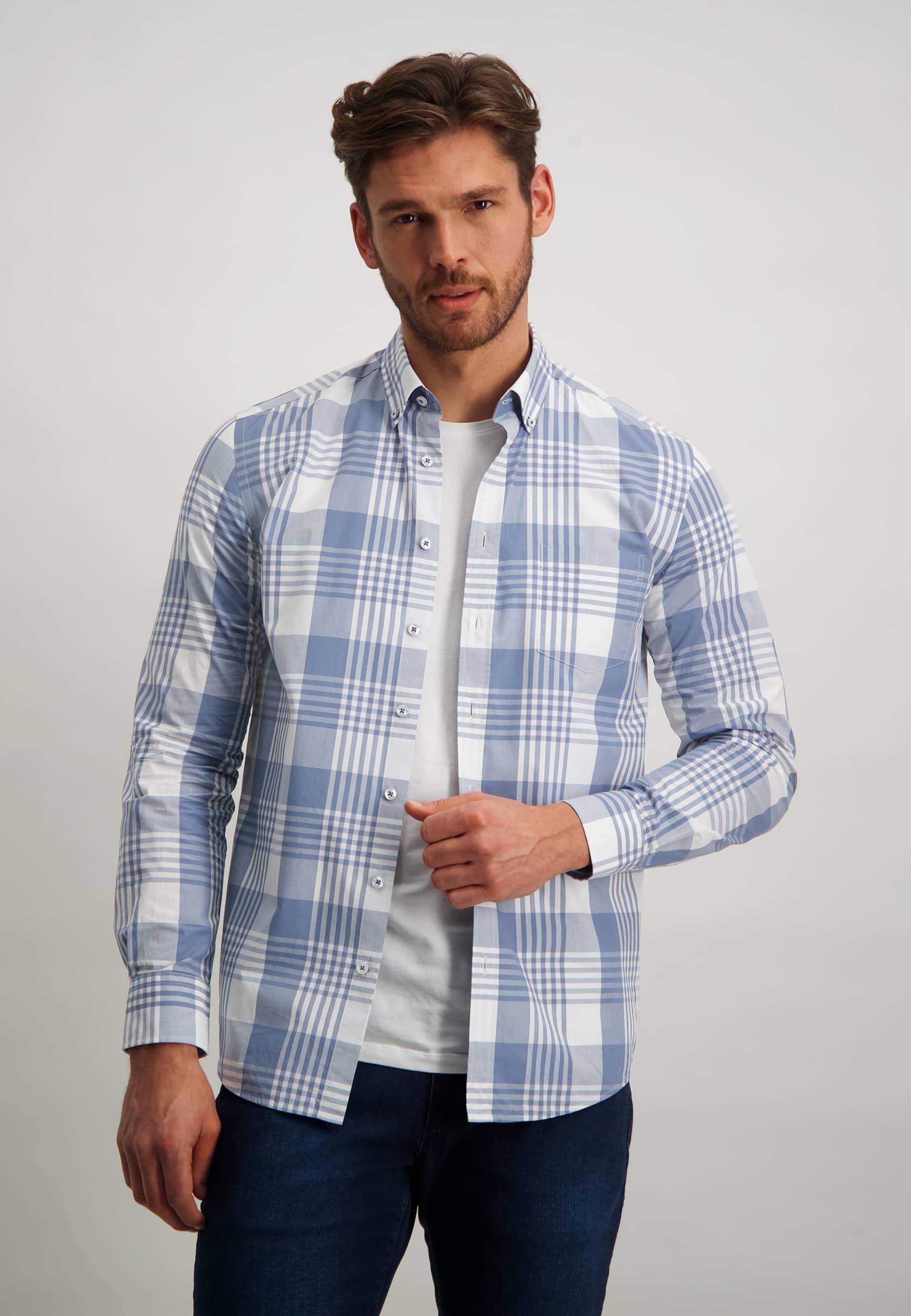 white with blue check shirt
