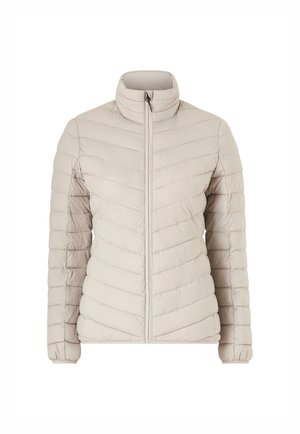 Lys beige pufferjakke med høj krave, frontlynlås og chevron kviltet mønster. Har elastiske manchetter og en glat overflade.