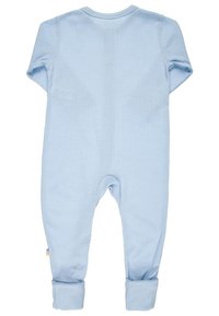 Helles blaues Kurzarm-Body aus strukturiertem Stoff, mit rundem Halsausschnitt, ohne Füße und umgeschlagenen Bündchen.