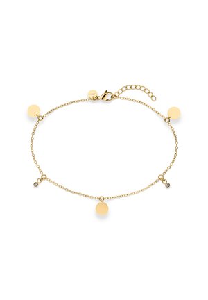 Gouden schakelarmband met vijf ronde bedels, twee kleine heldere edelstenen en een kreeftsluiting met verstelbare schakels.