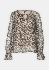 Blusa con stampa leopardata in un materiale trasparente, caratterizzata da un collo a V e lunghe maniche a sbuffo con polsini arricciati. Schema di colori: beige e nero.