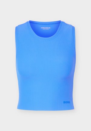 Mouwloze, geribde felblauwe crop top met ronde halslijn en klein "BORG"-logo nabij de zoom aan de voorkant rechts.