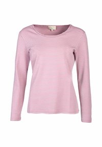 Langärmliges pinkes T-Shirt mit weißen horizontalen Streifen, Rundhalsausschnitt und weichem Baumwollmix. Lockere Passform ohne Verzierungen.