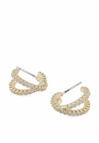 Guldörhängen med hoops i en dubbel-lagsdesign, prydda med små klara rhinestones längs kanterna. Polerad metallfinish.