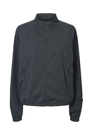 Chaqueta ligera de color gris oscuro con cremallera completa en la parte delantera, cuello alto, bolsillos laterales con cremallera y puños y dobladillo elásticos.