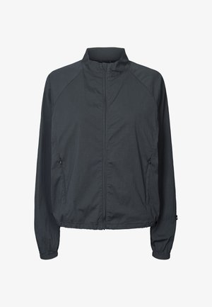 Veste légère gris foncé avec fermeture éclair intégrale à l'avant, col montant, poches latérales zippées et poignets ainsi qu'ourlet élastiques.