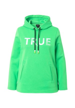 Sudadera verde con "TRUE" impreso en blanco. Cuenta con capucha con cordón, bolsillos frontales y tela texturizada. Extremos del cordón ajustables.