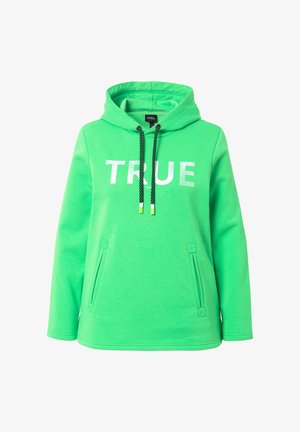 Grüne Kapuzenjacke mit dem Aufdruck "TRUE" in Weiß. Verfügt über eine Kapuze mit Kordelzug, Fronttaschen und strukturiertem Stoff. Verstellbare Kordelzugenden.