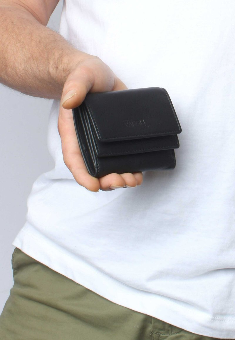 Black leather wallet in a compact design with a folded shape, featuring a smooth texture and simple flap closure.