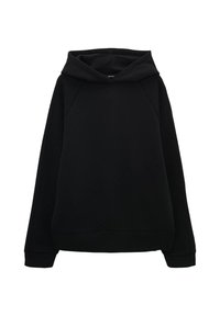 Felpa nera con cappuccio, dalla vestibilità rilassata, maniche raglan e polsini e orlo a coste. Texture liscia senza motivi o hardware visibili.