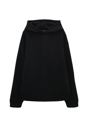 Black hooded sweatshirt with a relaxed fit, raglan sleeves, and ribbed cuffs and hem. Smooth texture without patterns or visible hardware.