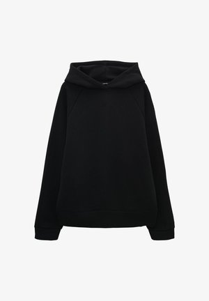 Felpa nera con cappuccio, dalla vestibilità rilassata, maniche raglan e polsini e orlo a coste. Texture liscia senza motivi o hardware visibili.