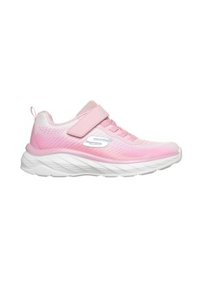Sneaker sportiva rosa chiaro con suola bianca, chiusura a strappo, lacci e logo "S" bianco sul lato.