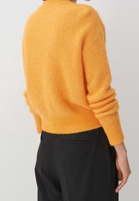 Orange ulltröja med en texturerad finish, ribbade ärmslut och en något croppad passform. Bärs över svarta byxor och visar en avslappnad stil.