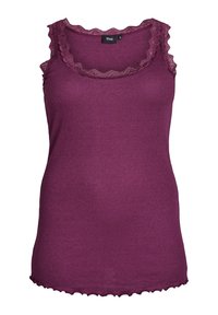 Top senza maniche viola in tessuto a coste, con bordo in pizzo scalloppato attorno al collo e all'orlo. Texture morbida con una forma aderente.
