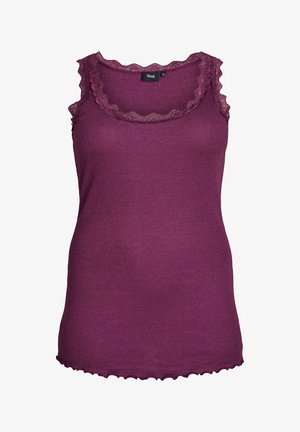 Lilla ilmaõlaga tipp, mis on valmistatud ribakangast ja millel on lainelise pitsi ääris kaelaaugu ja soonte ääres. Pehme tekstuur ja sobiv kuju.