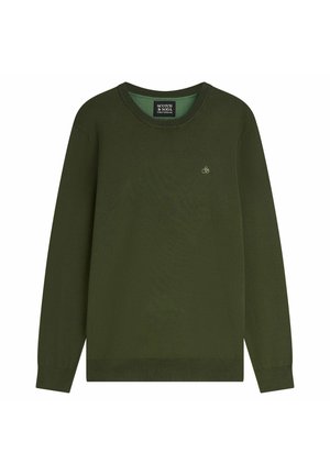 Jersey de cuello redondo de manga larga en verde oscuro con pequeño logo bordado en el pecho y puños y dobladillo acanalados.