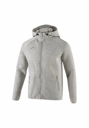 Sweat à capuche zippé gris clair avec poches avant, capuche à cordon et détails de couture subtils sur fond blanc uni.