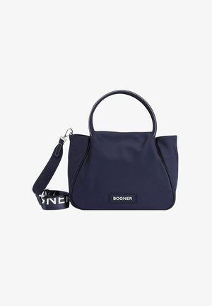 Mornarska najlon torbica z ojačano zgornjo ročico, odstranljivim trakom s logotipom in ravnim sprednjim panelom z oznako blagovne znamke.