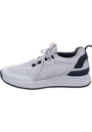 Lightweight grey athletic shoe with mesh upper, black accents, laces, and a textured sole. Features a pull tab at the heel.