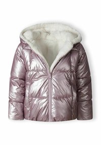 Doudoune violette brillante avec zip avant et doublure en polaire blanche douce à l'intérieur de la capuche et du corps.