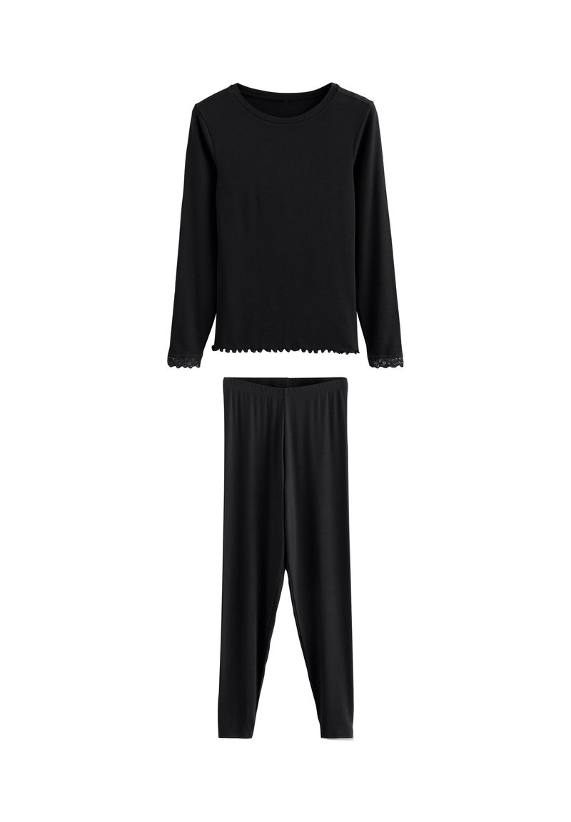 Top negro de manga larga con bordes ondulados y leggings a juego. Hecho de tela suave, con un diseño simple y ceñido. Sin estampados ni detalles.