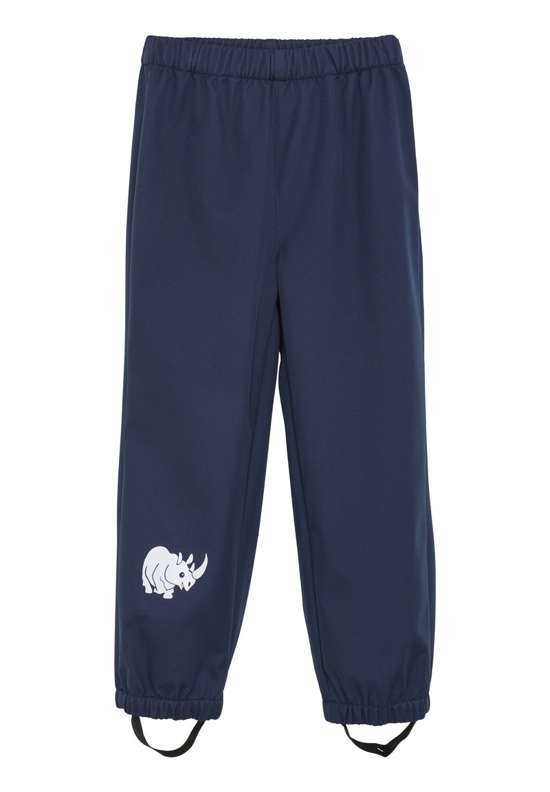 Marinblå byxor med elastisk midja gjorda av mjukt material, med en vit noshörningsgrafik på vänster ben och justerbara elastiska muddar.