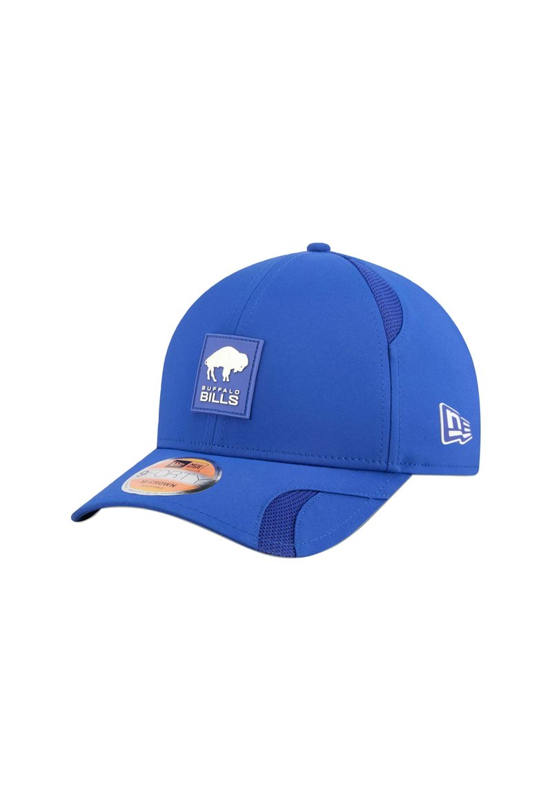 Blaues Baseballcap mit strukturierter Gestaltung, ausgestattet mit einem Logo-Patch der Buffalo Bills, atmungsaktiven Mesh-Seiten und einem gebogenen Schirm.
