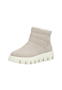 Bottines beiges en matériau doux avec une doublure douillette, dotées d'une semelle rembourrée et d'accents côtelés. Fermeture éclaire sur un côté.