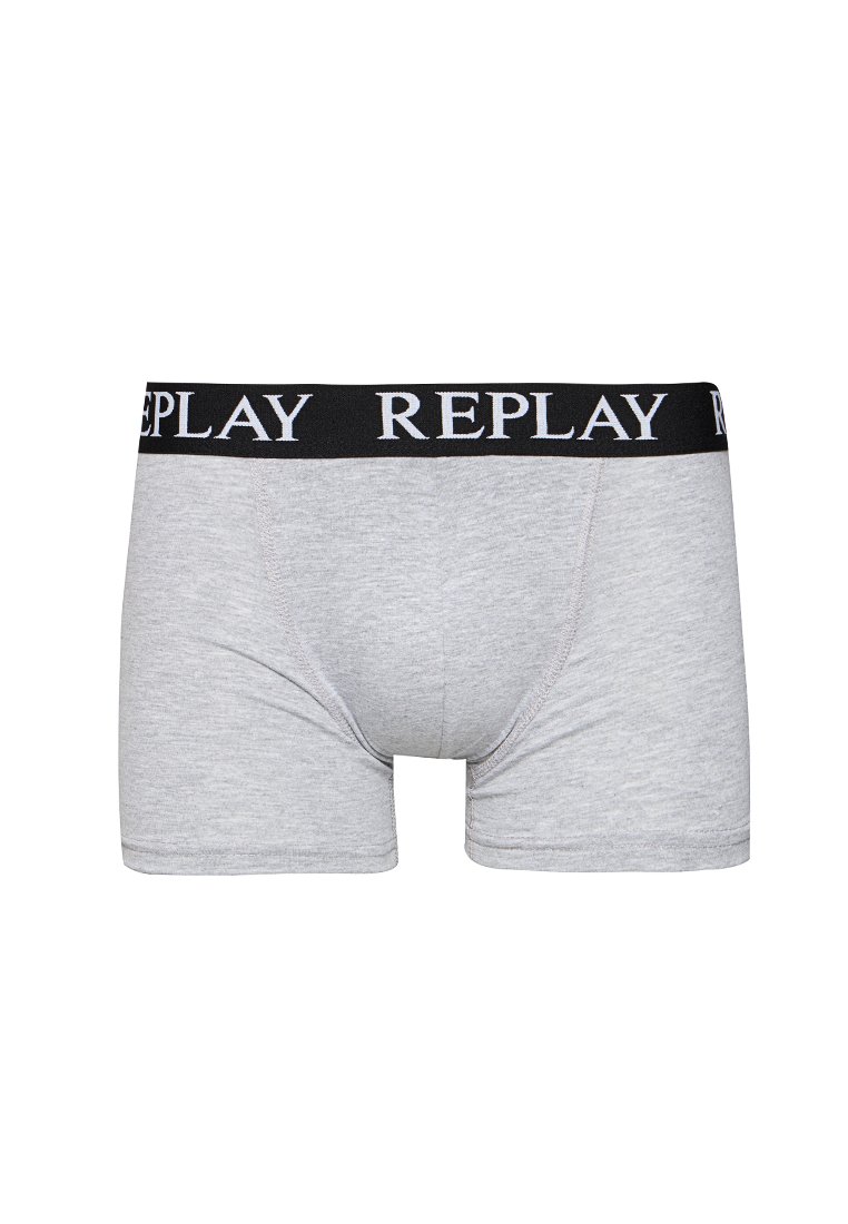 Graue Baumwoll-Boxershorts mit einem schwarzen elastischen Bund, auf dem das "REPLAY"-Logo in Weiß aufgedruckt ist. Glatte Textur, enganliegendes Design und kurze Beinin Länge.