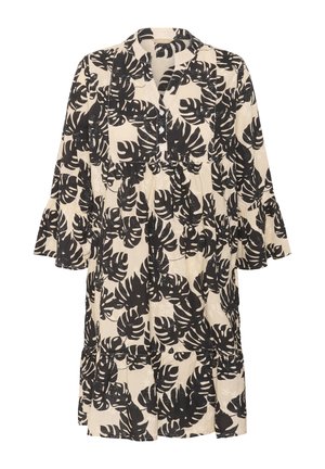 Juoda ir smėlinė suknelė su tropinių lapų raštu, V formos iškirpte, mygtukų uždarymu priekyje ir platėjančiomis rankovėmis. Pagaminta iš lengvos medžiagos.