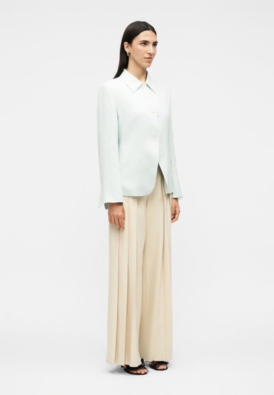 Γυναίκα με ίσια σκούρα μαλλιά φοράει ανοιχτό μπλε σακάκι, μπεζ φαρδιά πλισέ παντελόνια, μαύρα σανδάλια με ανοιχτά δάχτυλα και ασημένια σκουλαρίκια, στέκεται πλάγια.